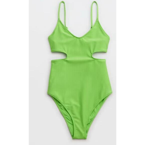 Aerie Women's Shine Rib Voop Cheeky One Piece Cut Out Swimsuit XL Lime Green - Picture 2 of 6